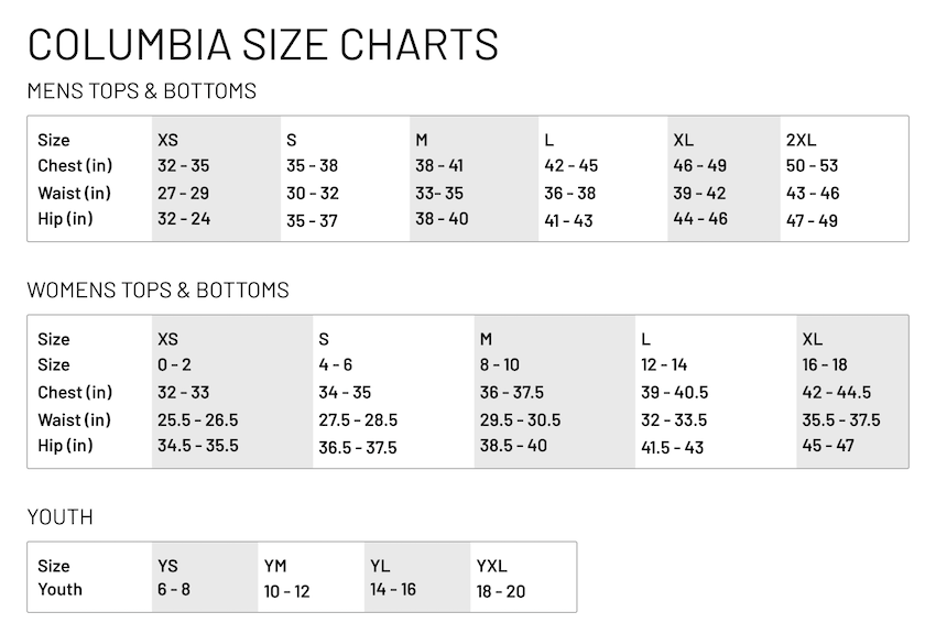 Columbia Size Guide